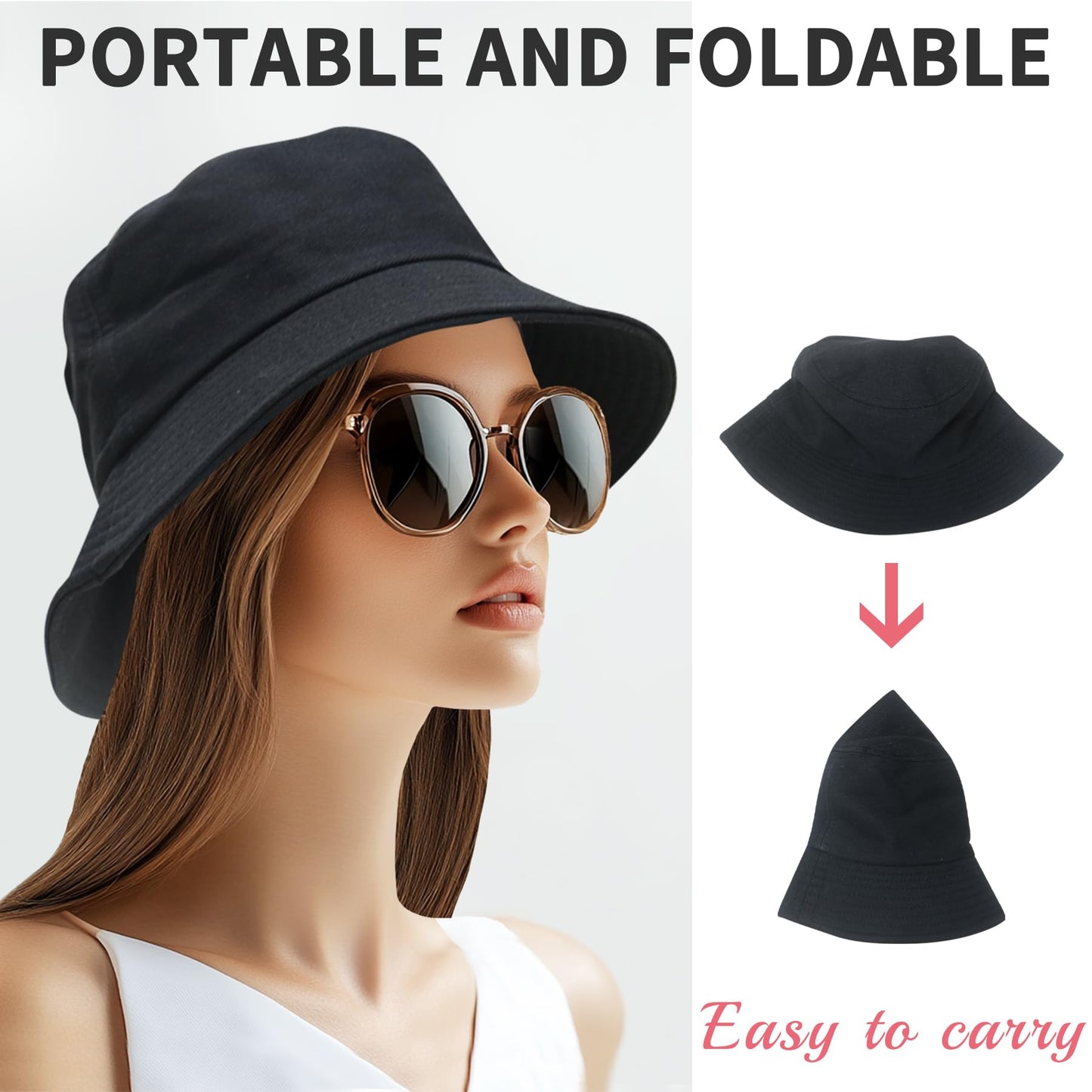 NPQQUAN Bucket Hats for Men Women Packable Foldable Sun Hats for Women Beach Travel Cap Black
