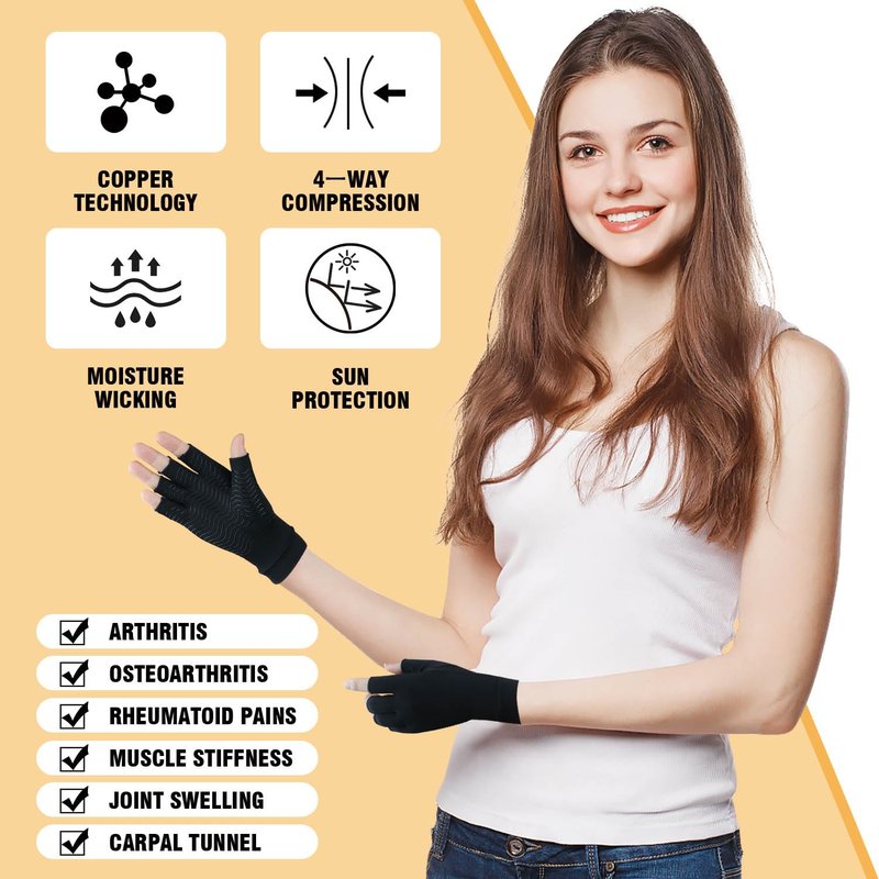 SHIFANQI 2 Pairs Copper Arthritis Gloves for Carpal Tunnel Pain Relief, Compression Gloves to Alleviate Hand Pain,Swelling,Fingerless Typing Gloves for Rheumatoid,Tendonitis for Women&Men (Medium)