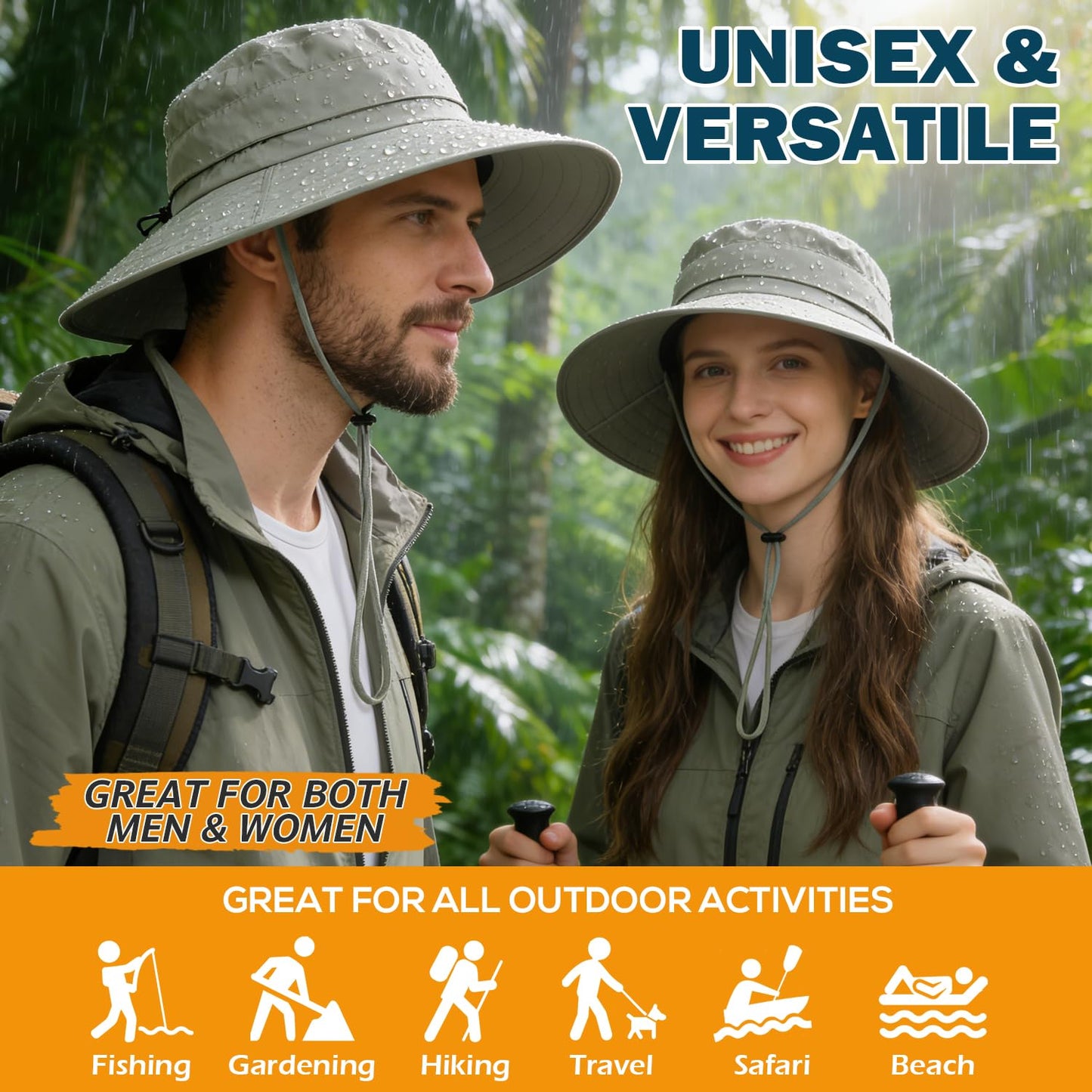 Men's UPF 50+ Waterproof Wide Brim Boonie Hat, Sun & Rain Protection Beige