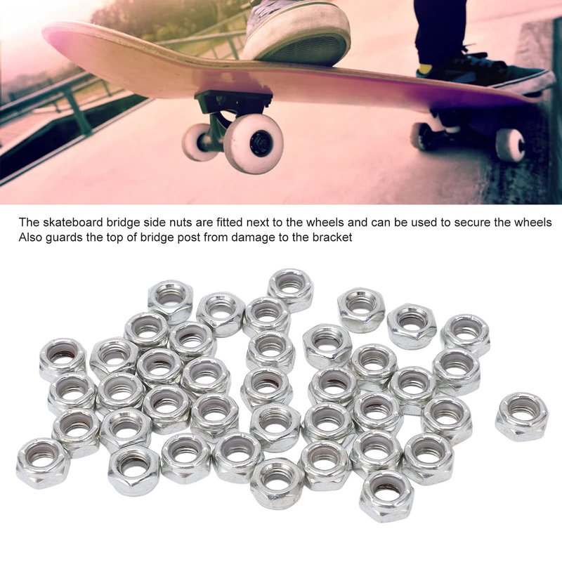 Astibym Axle Nuts for Skateboard, 40pcs Skateboard Trucks Axes Nuts Carbon Steel Skateboard Truck Hardware Kit for Skateboard(Silver), Outdoor Scooter,Outdoor Scooter