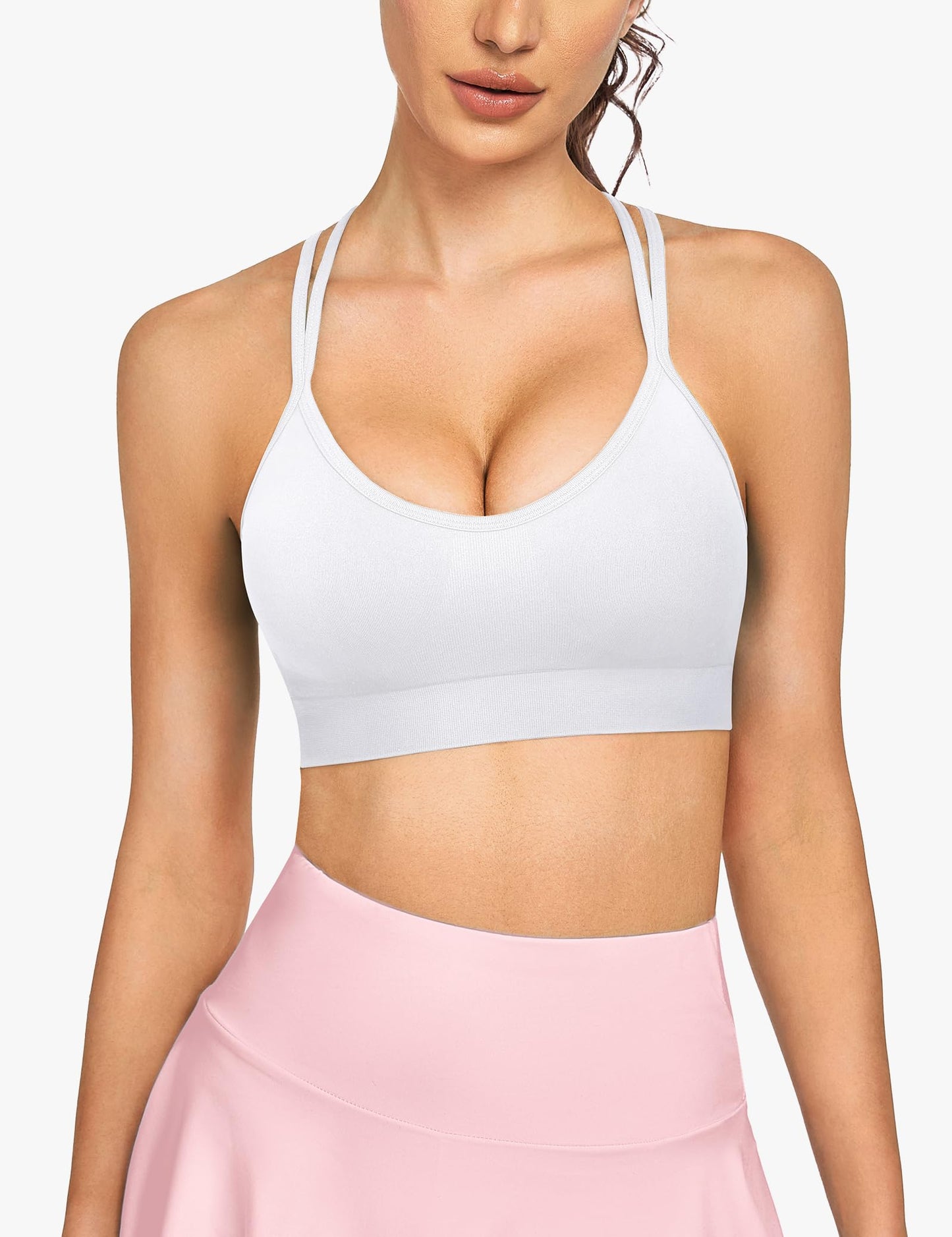 WANAYOU Sports Bras for Women, Cross Back Strappy Medium Support Sports Bra Padded Wireless Seamless Spaghetti Strap Workout Bra for Athletic Exercise Fitness 3 Pack Black White Purple Medium