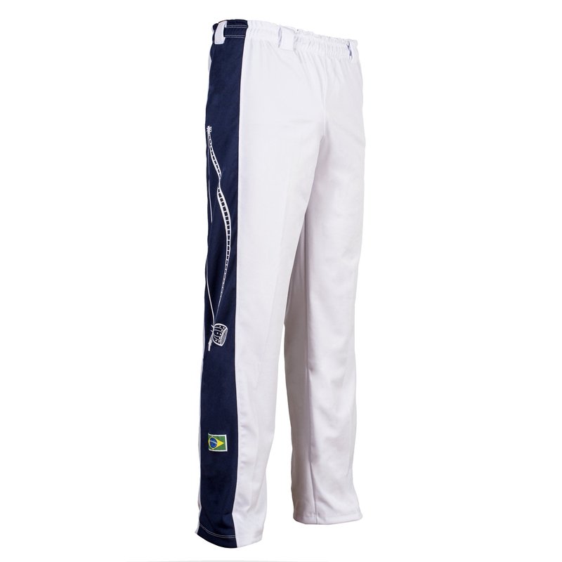 JL Sport Authentic Brazilian Capoeira Martial Arts Pants Training Abadas - Unisex (White with Berimbau Along Leg)