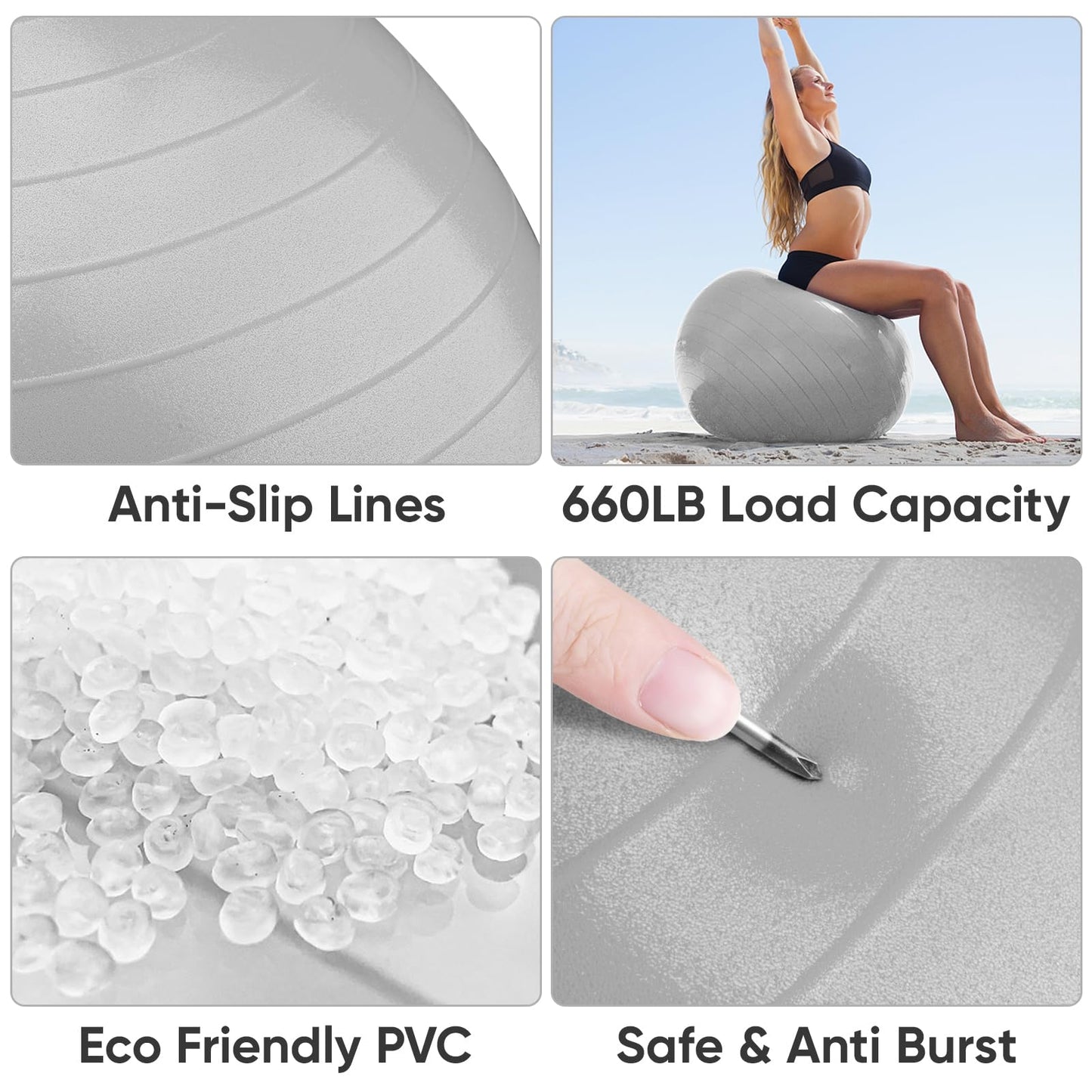 APEXUP Yoga Ball, 660 lbs Anti-Burst Exercise Ball with Pump, 5 Sizes (XL (27"~30") 75cm, Silver)