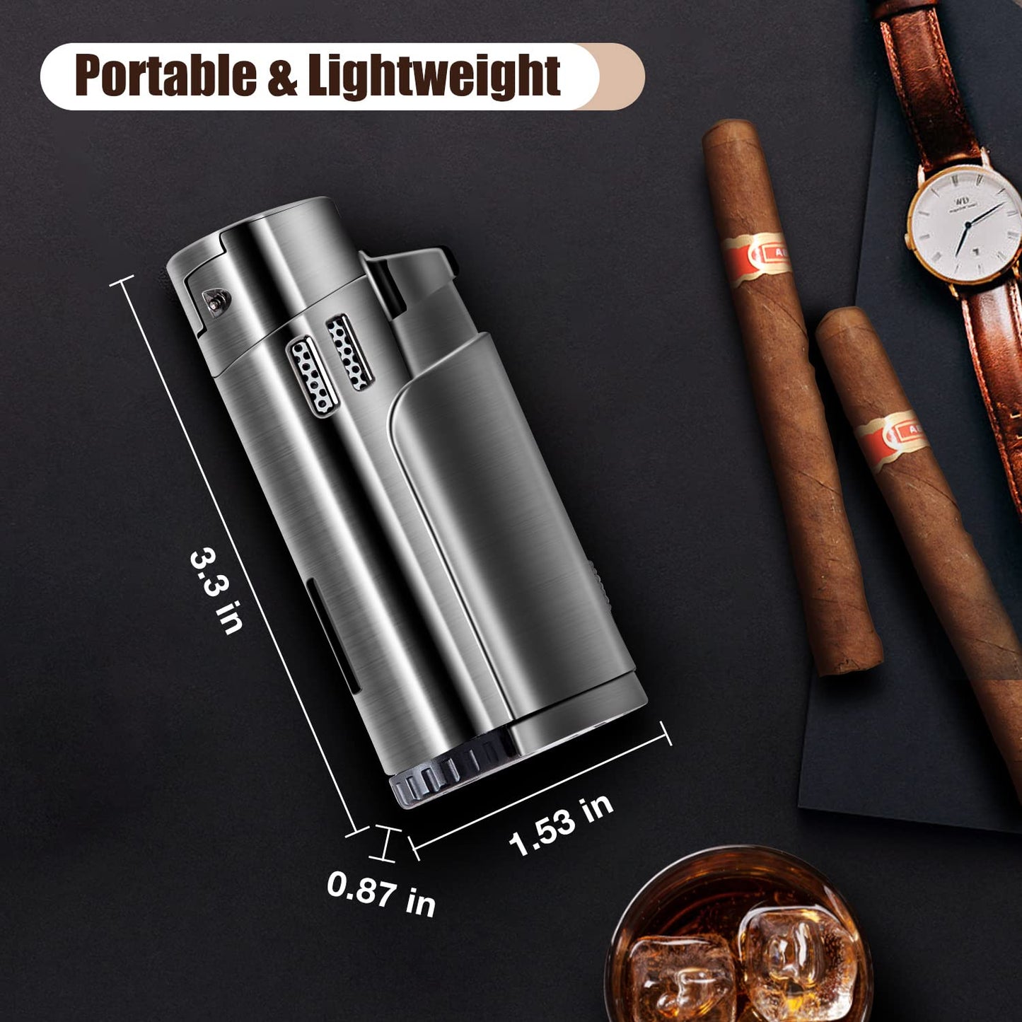 LcFun Torch Lighter Fuel Refillable Lighters 4 Jet Lighter with Punch Quad Flame Torch Cigar Lighter Gas Butane Lighters-Butane NOT Included (Black)