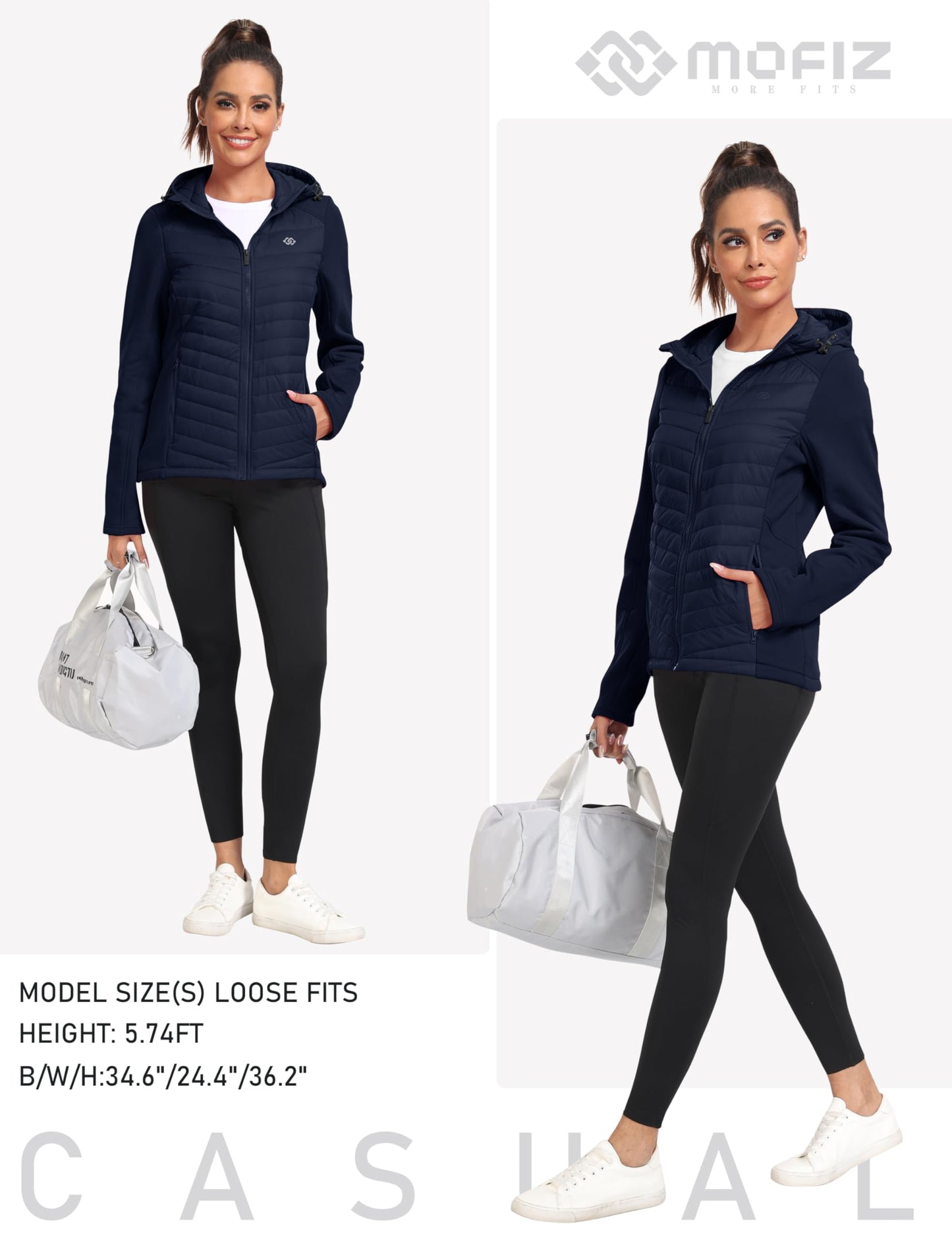 MoFiz Women's Insulated Running Jackets Puffer Hybrid Down Jacket Hiking Stretch Zip Pockets Fleece Lined with Hoodie Cold Weather Navy M
