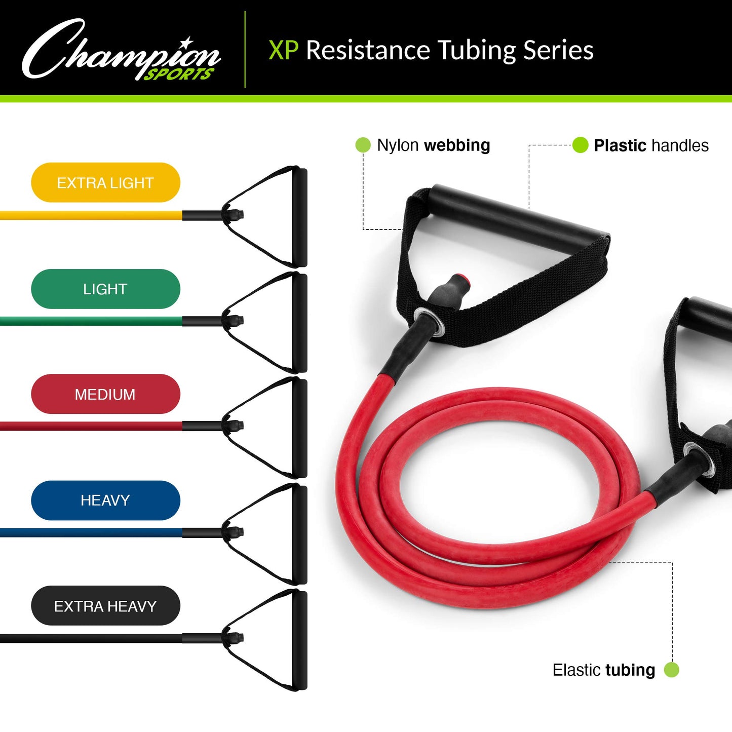 Champion Sports XP Resistance Tube Bands for Men and Women, Medium Resistance, Red - Durable Fitness Band for Strength Training, Stretching, Rehabilitation - Premium Home Workout Equipment