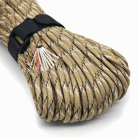 Survival Paracord Rope PSKOOK 100 Feet Fire Starter Parachute Cord 7-Strand Nylon with Red Tinder Cord PE Fishing Line Cotton Thread for Outdoor Lanyards, Bracelets, Handle Wraps (Desert Camo)