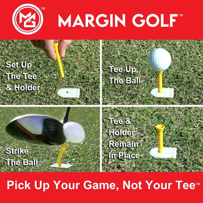 MARGIN Golf Driving Range tee Holder and Flexible Golf tees, for Grass, Automatic and Stays in Place, Height Adjustable, consistent tee Height, virtually Unbreakable Plastic tees 2 1/2" & 3 1/4"