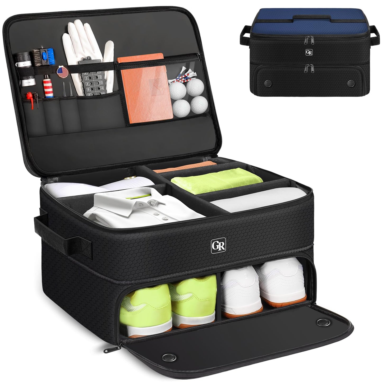 Odor-Absorbing 2-Layer Large Golf Trunk Organizer with Activated Carbon Fabric - Water-Resistant Golf Shoe Bag for Shoes Balls Tees Clothes Gloves Golf Accessories, Fathers Day Dad Gifts for Men