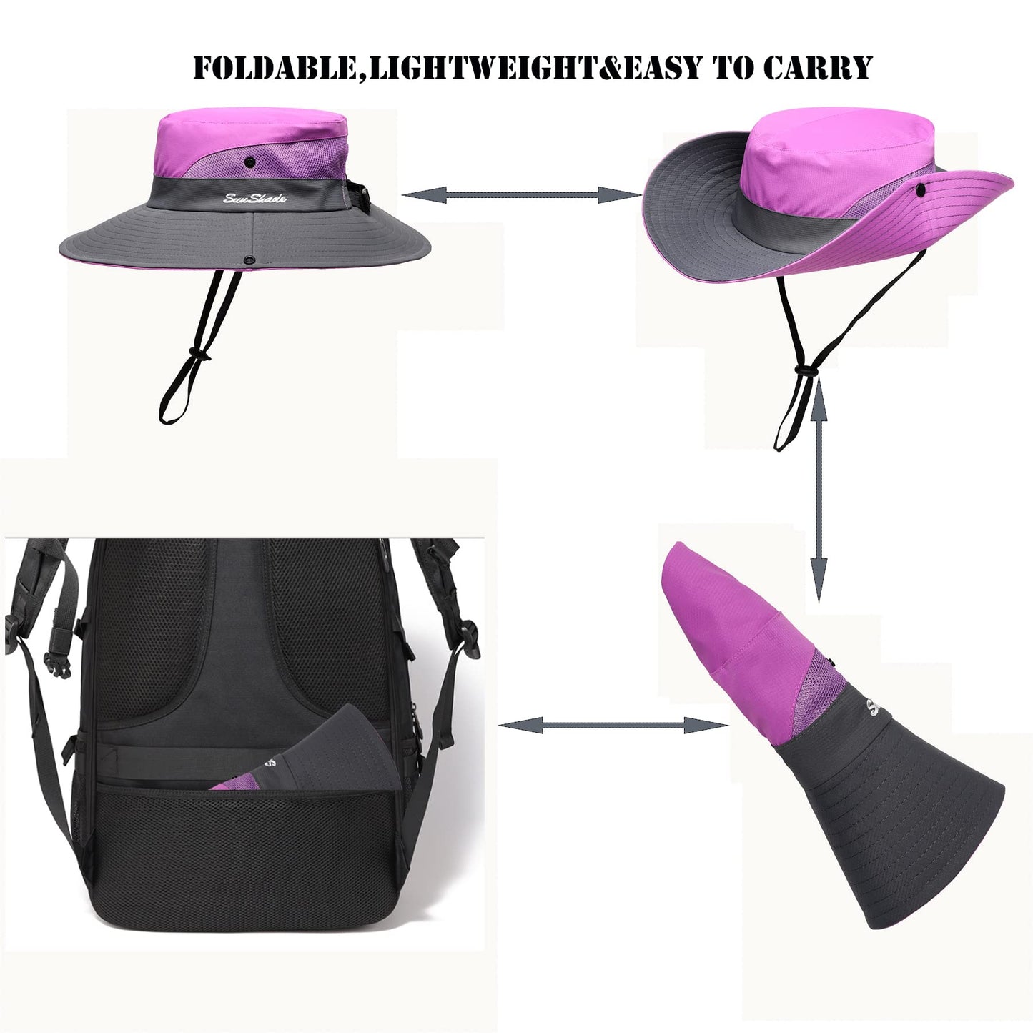 Womens Summer Sun Hat Beach Hat Wide Brim Outdoor UV Protection Hat Foldable Cool Mesh Ponytail Bucket Hat (Purple-Gray)