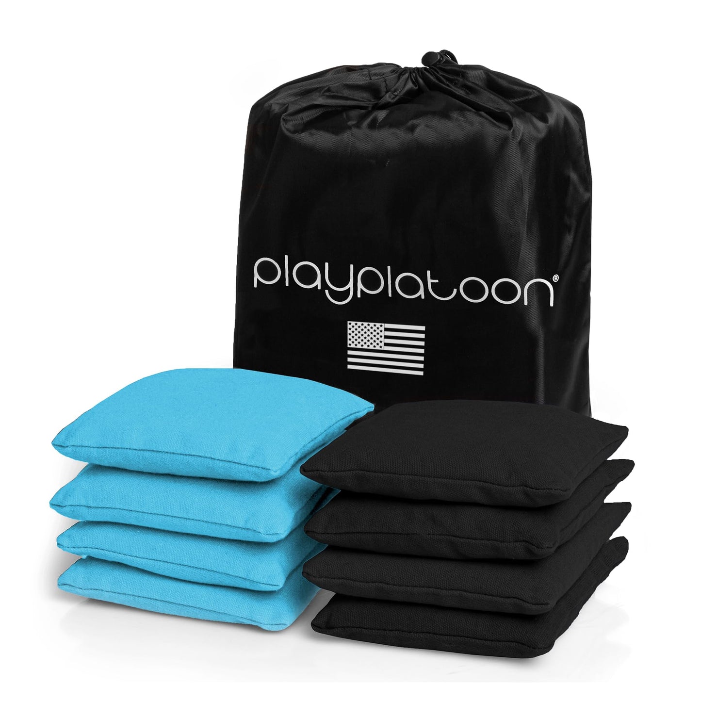 Play Platoon Weather Resistant Cornhole Bags - Set of 8 Regulation Corn Hole Bean Bags - Light Blue & Black - Durable Duck Cloth Corn Hole Bag for Tossing Game, Includes Tote Bag
