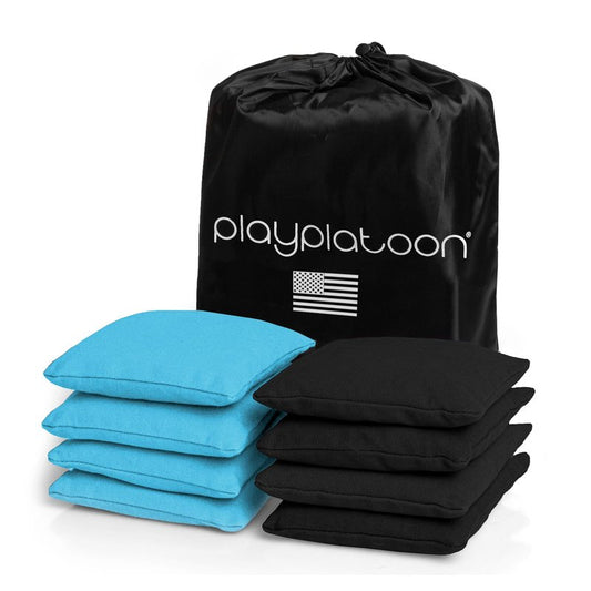 Play Platoon Weather Resistant Cornhole Bags - Set of 8 Regulation Corn Hole Bean Bags - Light Blue & Black - Durable Duck Cloth Corn Hole Bag for Tossing Game, Includes Tote Bag