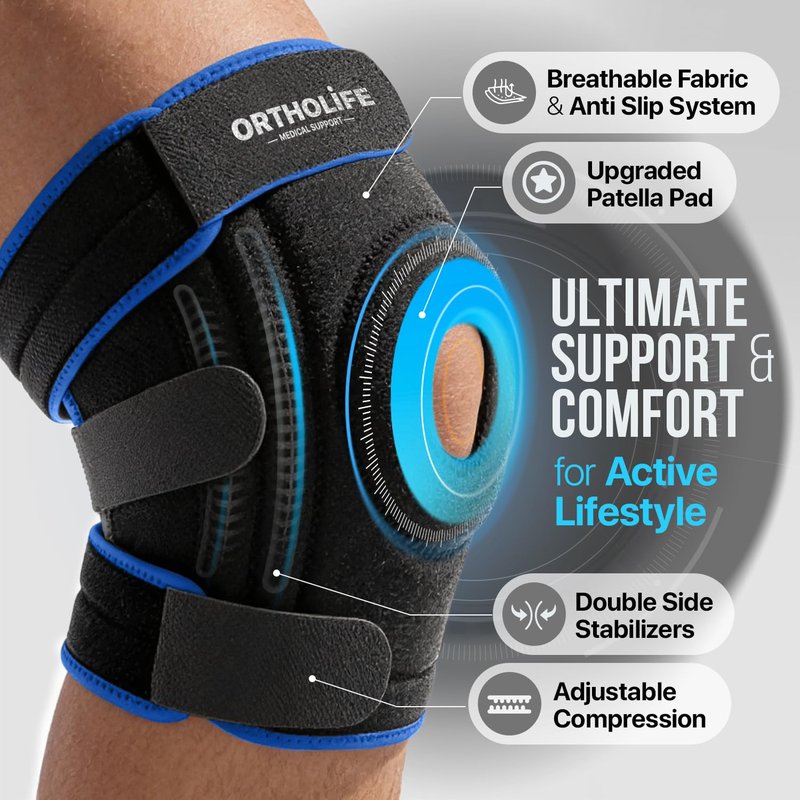 ORTHOLIFE Knee Brace for Women and Men – Knee Compression Sleeve for Meniscus Tear, ACL, Arthritis Pain Relief, Patella Pad & Side Stabilizers – Please Check How To Size Video (Blue, Large)