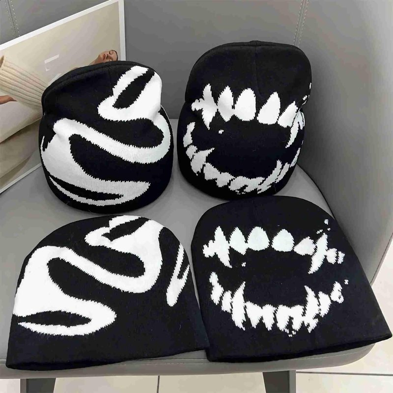 Winatehr Black Graphic Beanie for Men Women, Streetwear y2k Knitted Hat, Slouchy Goth Skull Cap (2 pcs)