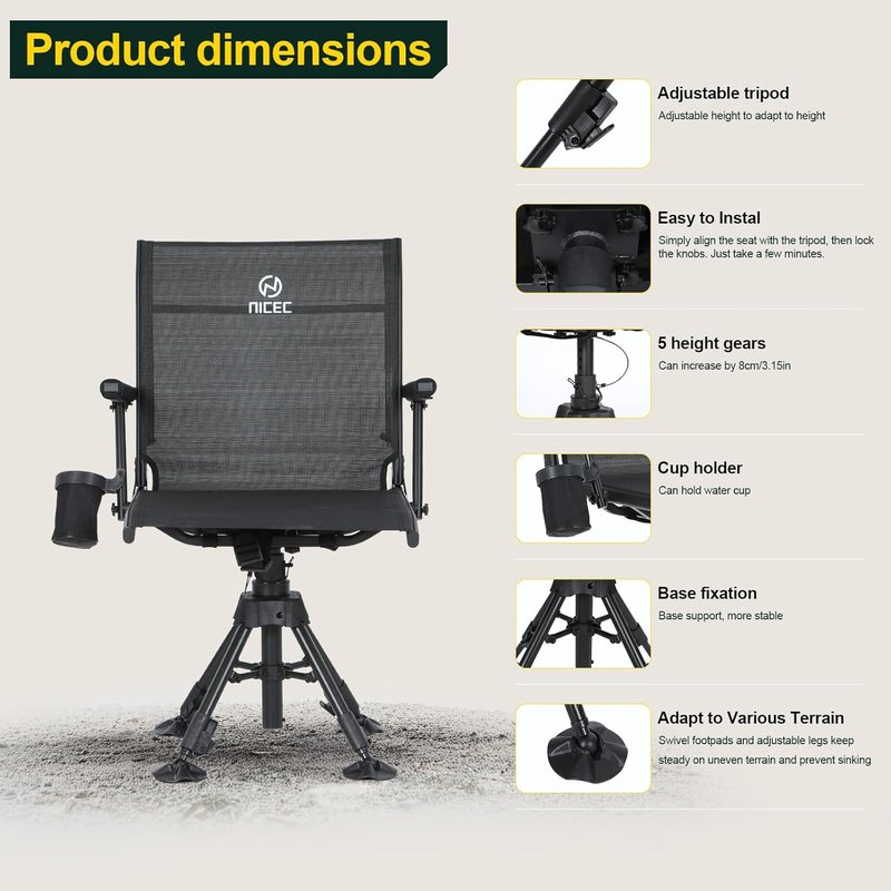 Swivel Hunting Chair - 360° Rotating Silent Blind Chair with Adjustable Height, Armrest & Cup Holder | No-Sink Feet