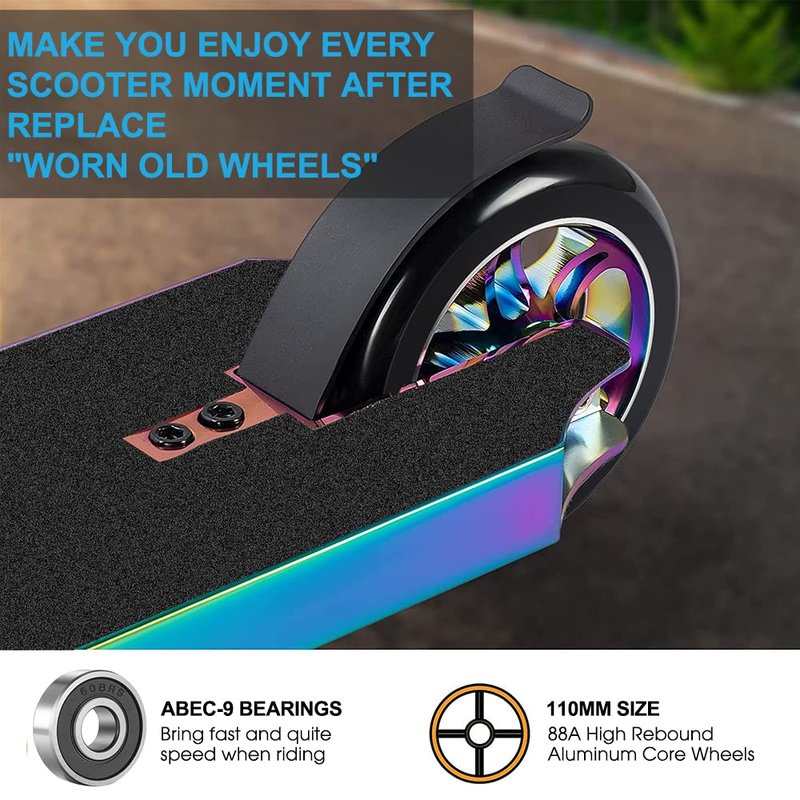 Kutrick Complete 2pcs 110mm Pro Stunt Scooter Replacement Wheels with ABEC-11 Bearing -Neo Chrome