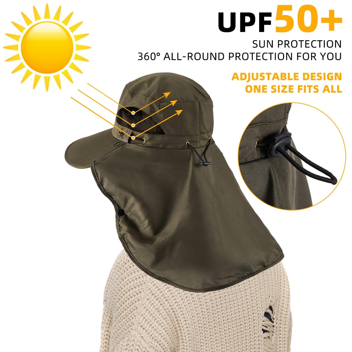 Cuffbow 3 Pcs Sun Hat for Men Women with Neck Flap Breathable Wide Brim Bucket Hat UV Protection UPF 50+ Fishing Hiking(Dark Gray, Gray, Army Green)