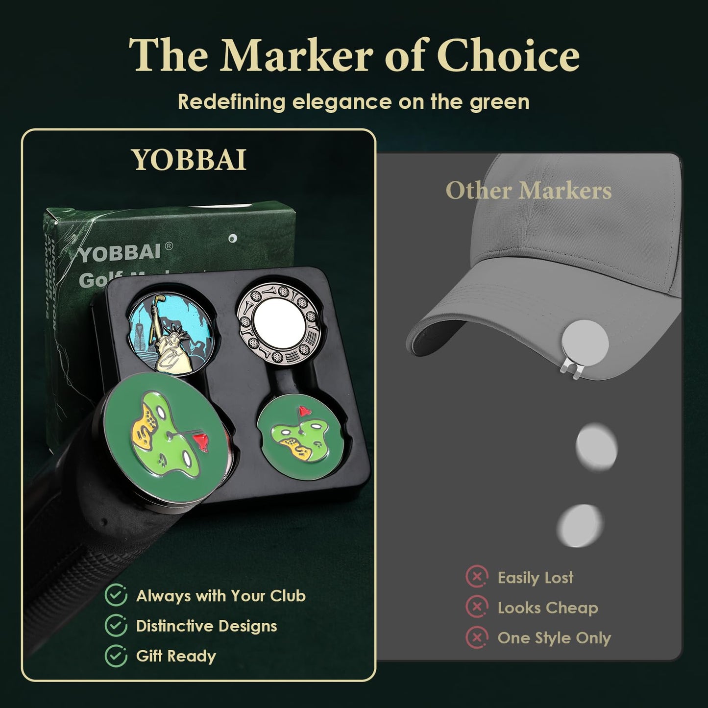 Yobbai Magnetic Golf Ball Marker Set with Putter-End Base (Putter Marker), Fits Putter Grip Vent Hole 2.5–4mm — 3 Coin Markers, Fast On-Hand Marking, No Lost Markers, Golf Accessories & Gifts