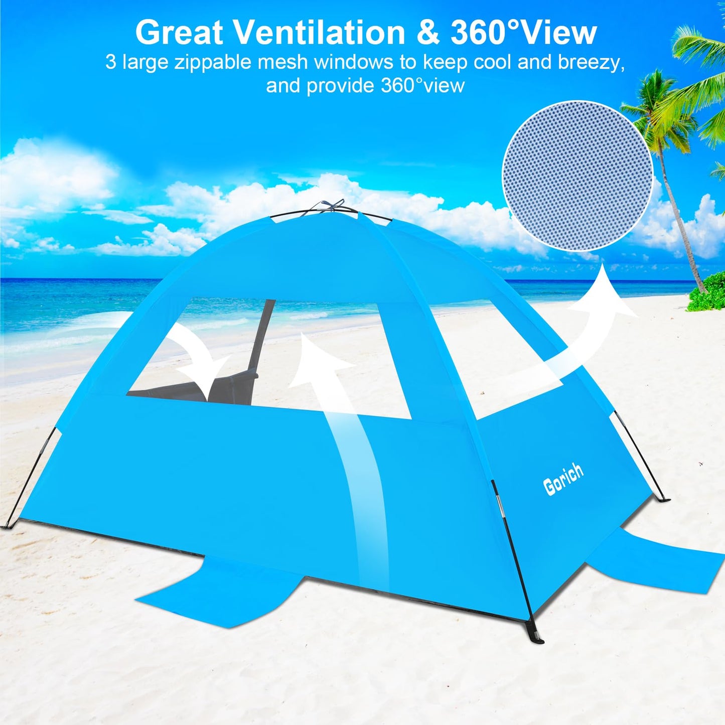 Gorich Beach Tent Sun Shelter for 3/4-5/6-7/8-10 Person with UPF 50＋ UV Protection, Lightweight & Easy Setup Beach Shade Canopy, Portable Beach Shade Tent Beach Cabana