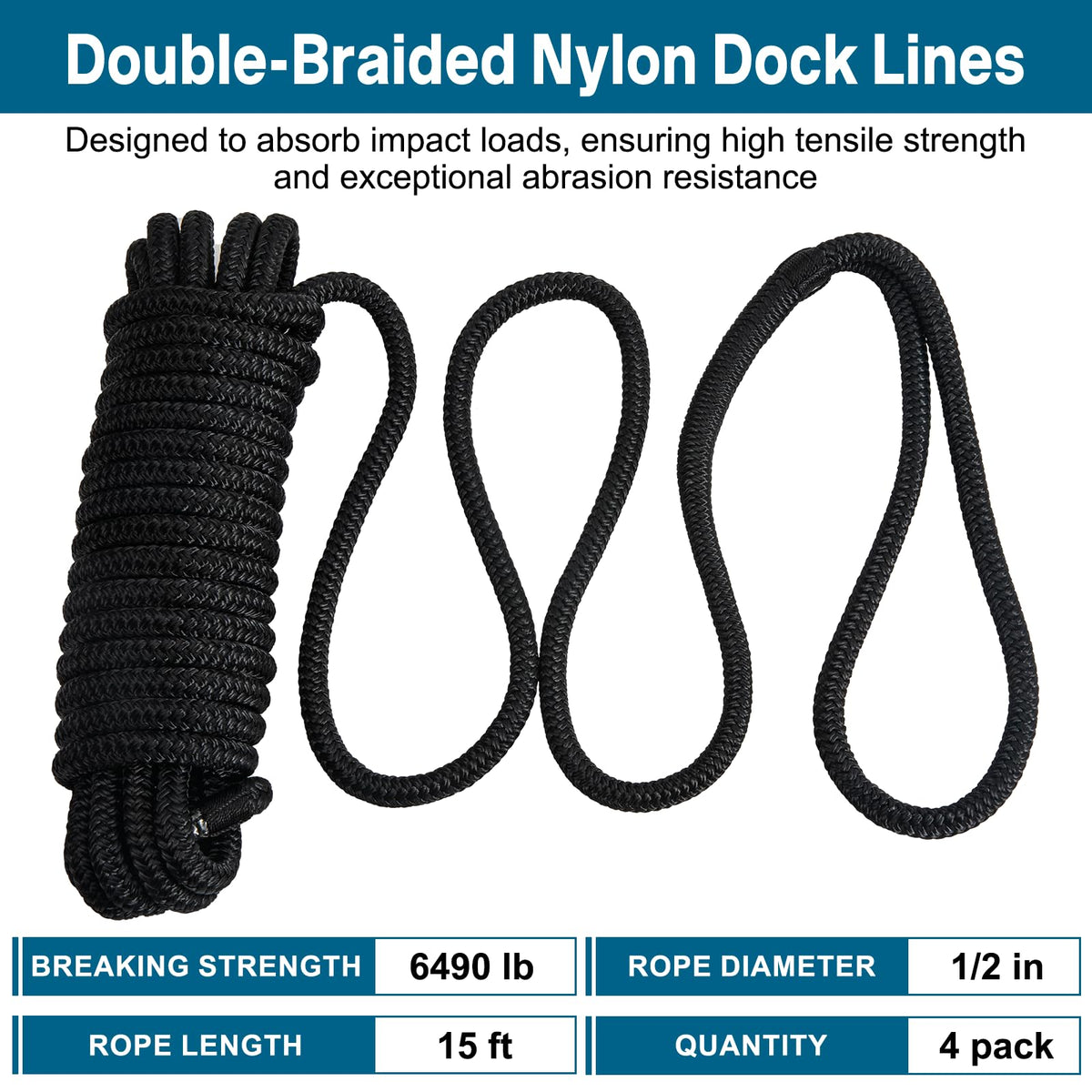 4 Pack 1/2" x 15’ Boat Dock Lines for Boat & Pontoon, Premium Marine- Grade Double Braided Nylon Dock Line, Pre-Spliced with a 12" Eyelet-Black,Boating Gifts for Men