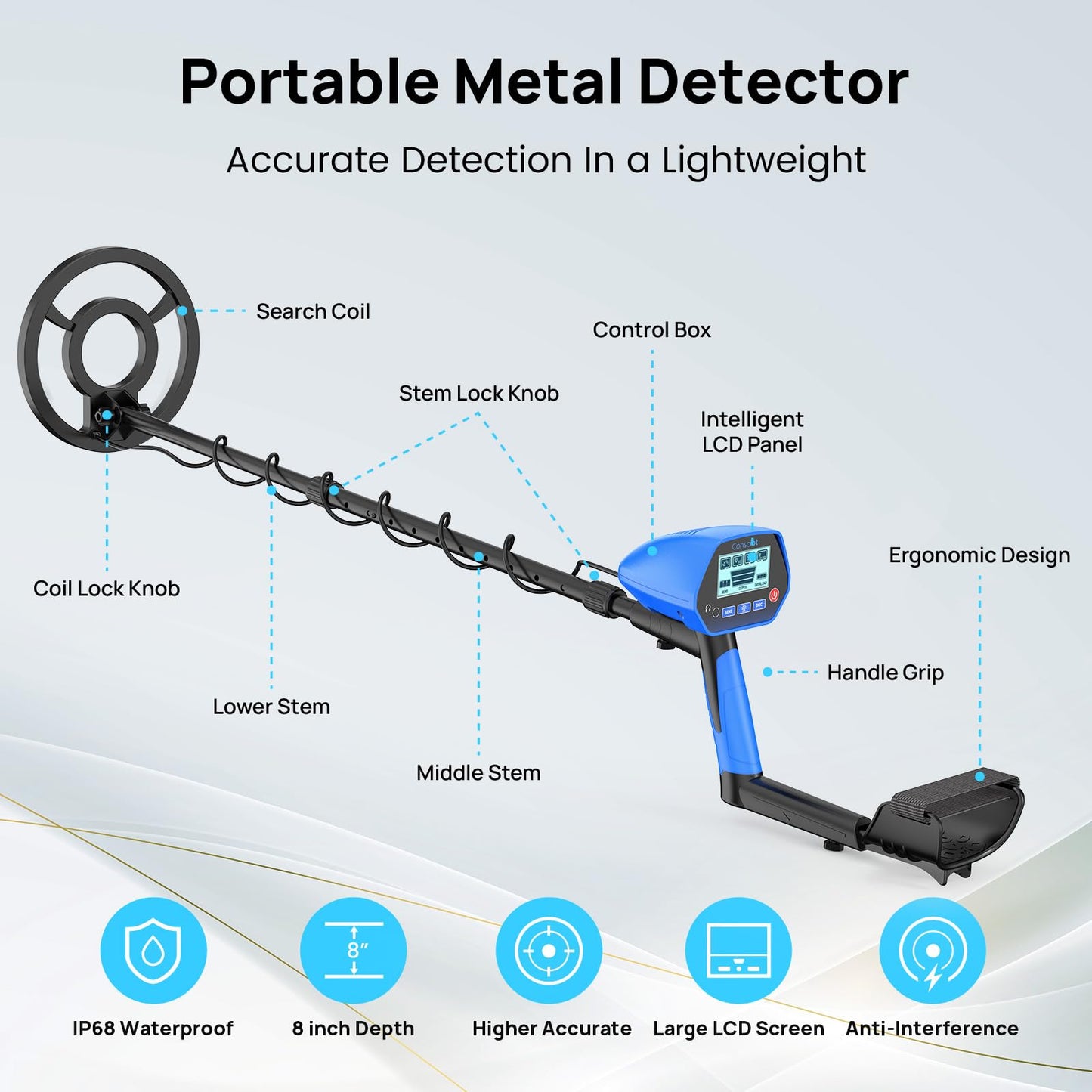 Metal Detector for Adults & Kids, Consciot Metal Detector Kit Waterproof IP68, Outdoor Gold Detector with 8'' Search Coil, LCD Display, Metal & Disc Mode, Beach & Backyard Use, Gift for Boys & Girls