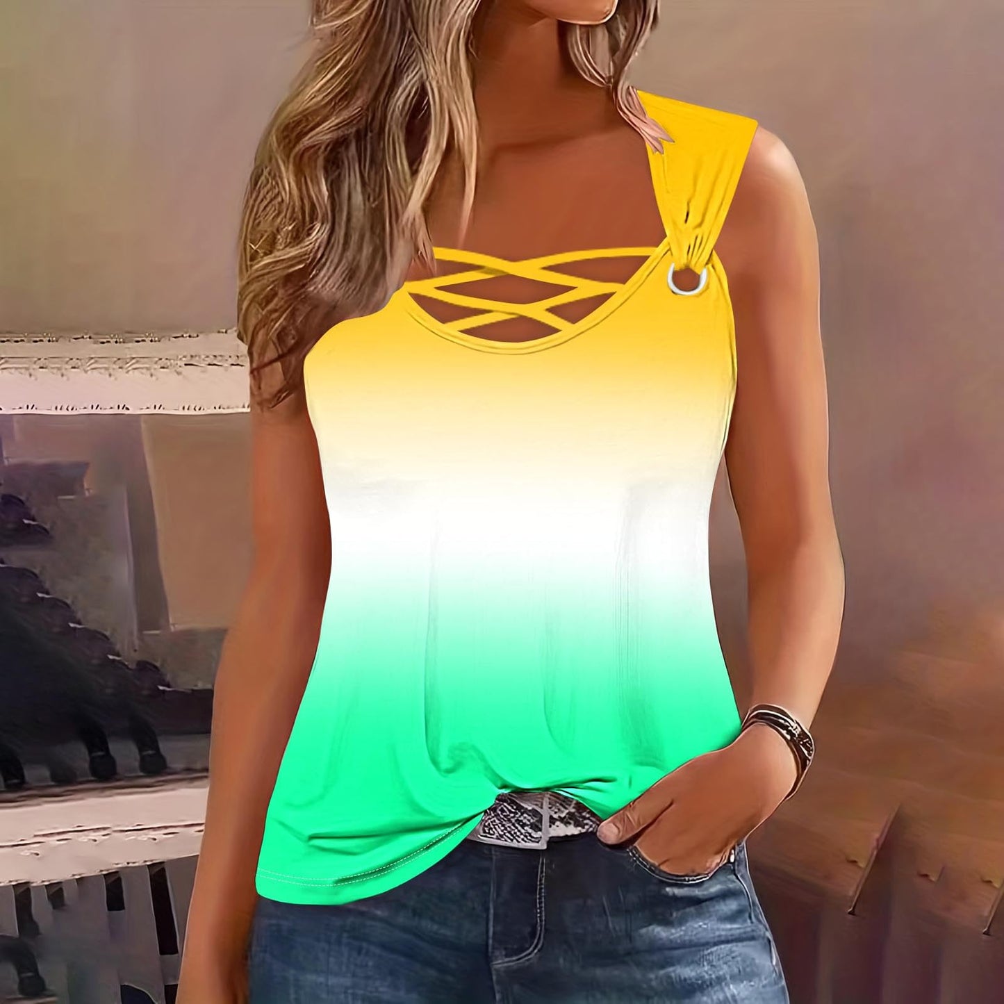 Gcvizuso Sleeveless Tops for Women Tank Tops for Women 2024 Trendy Summer Sleeveless Tshirt Casual Vacation Solid Blouse Plus Size Loose Tee Best Clearance Deals Today