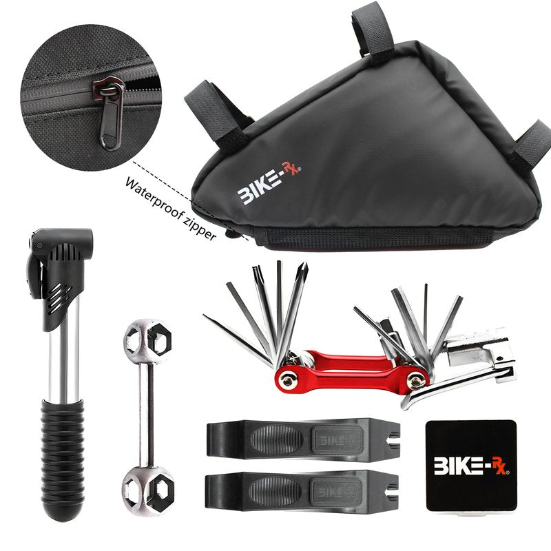 BIKE-RX Portable Bike Repair Kit -Bicycle Tool Set with Multitool,120 PSI Mini Pump, Tire Levers & Patches–Bike Maintenance Tools for BMX, Mountain & E-Bikes