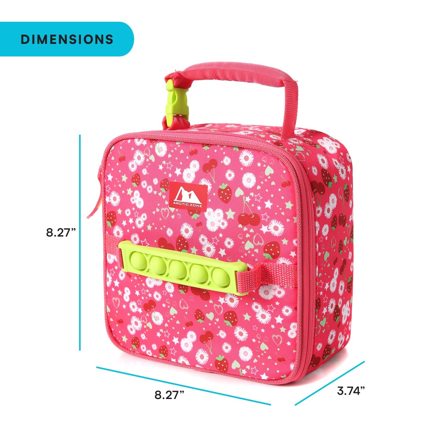 Arctic Zone Kids Lunch Box Combo with Gel Ice Pack and Sandwich Container, Insulated Bag for Travel Lunch, Sensory Fidget Handle, Very Berry Cherry