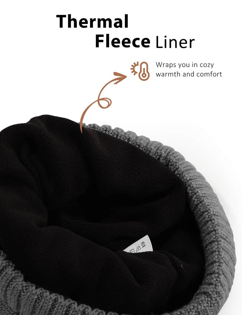 LiuSuper Wool Beanie Winter Hat - Unisex Warm Knitted Cap with Wool Lining, Oversized Fit Black Grey