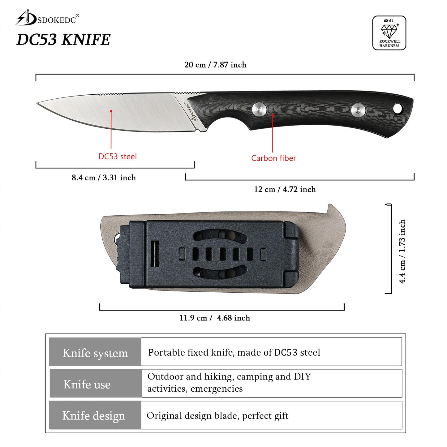 SDOKEDC Knives DC53 Steel Tactical Fixed Blade Knife with kydex sheath for Men EDC Outdoor Camping Survival Hunting (Carbon Fiber Handle)