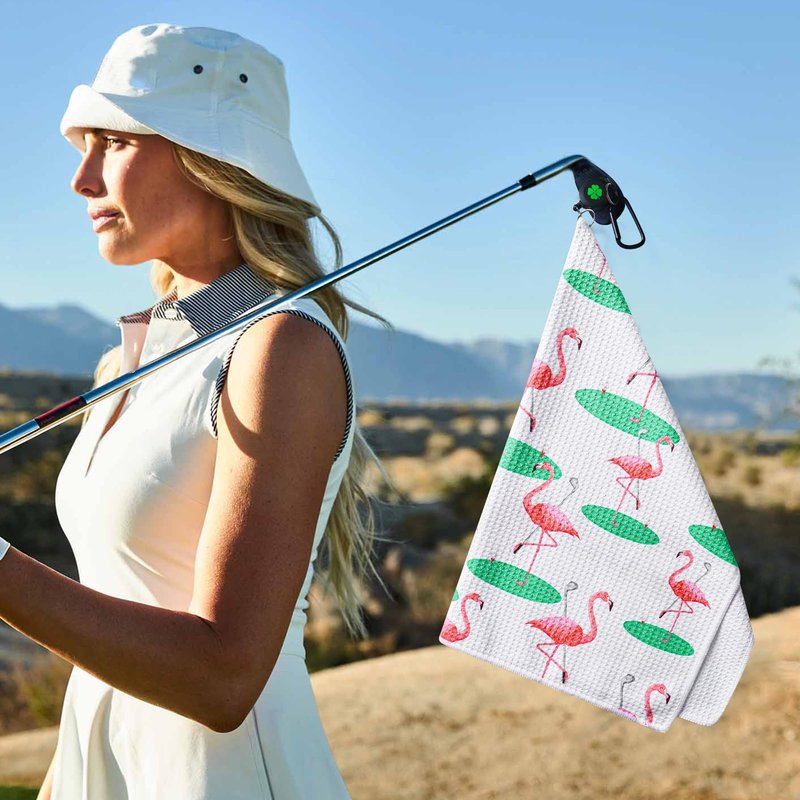 Golf Towels for Golf Bags Value 2 Pack 21"x16" and 12"x8" Set with Strong Magnetic Retractable Carabiner, Microfiber Waffle Towel Pattern Lightweight Absorbent Gift for Women Ladies (Flamingo&White)