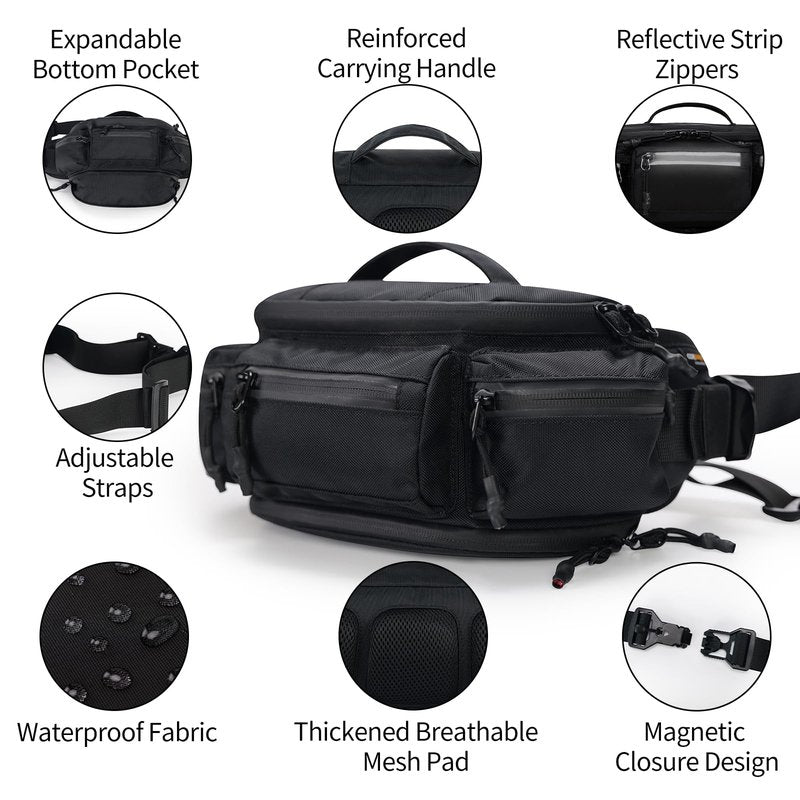 reeyee N10 Utility Cycling Waist Pack, 6.5L Expandable Motorcycle Hip Bag, 840D CORDURA Water-Resistant Sling Bag with Quick-Release Magnetic Buckle & Reflective Zipper for Hiking, Commuting - Black
