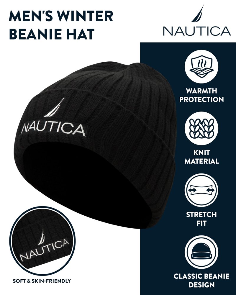 Nautica Mens Beanies - Cozy Warm Knitted Skull Cap Beanie Hats for Men, Soft Fleece Lined Winter Hat for Cold Weather, Obsidian