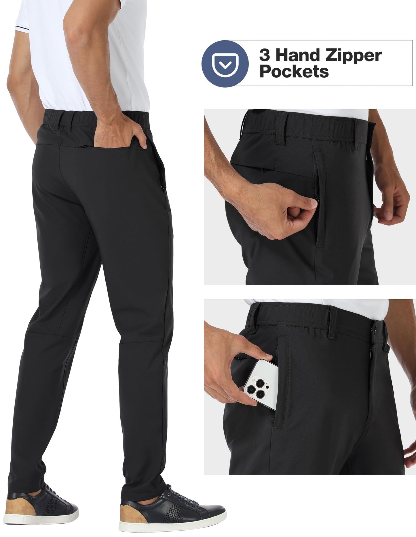 PULI Golf Pants Men Stretch Slim Fit Dress Casual Work Pants with Pockets Tapered Lightweight Waterproof Pants Black,34Wx32L