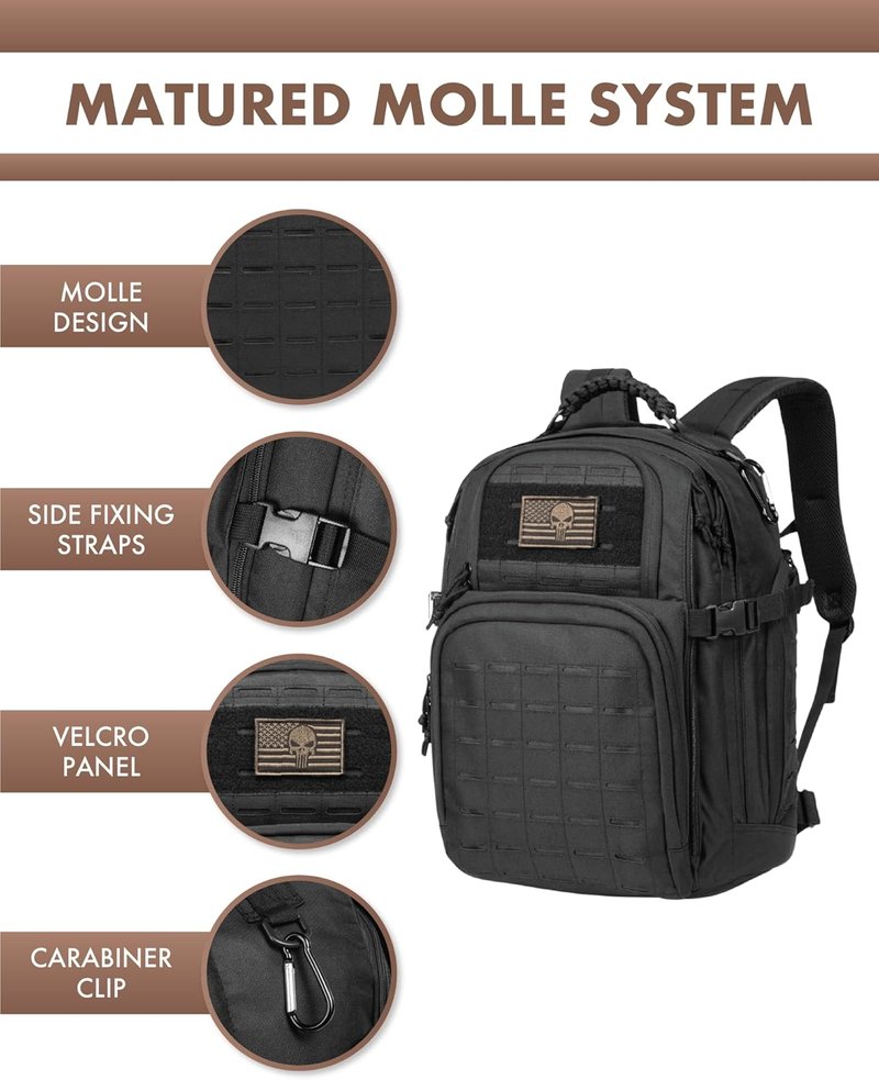 Military Tactical Backpack 40L - Lightweight Molle EDC Daypack for Hiking & Camping | Black