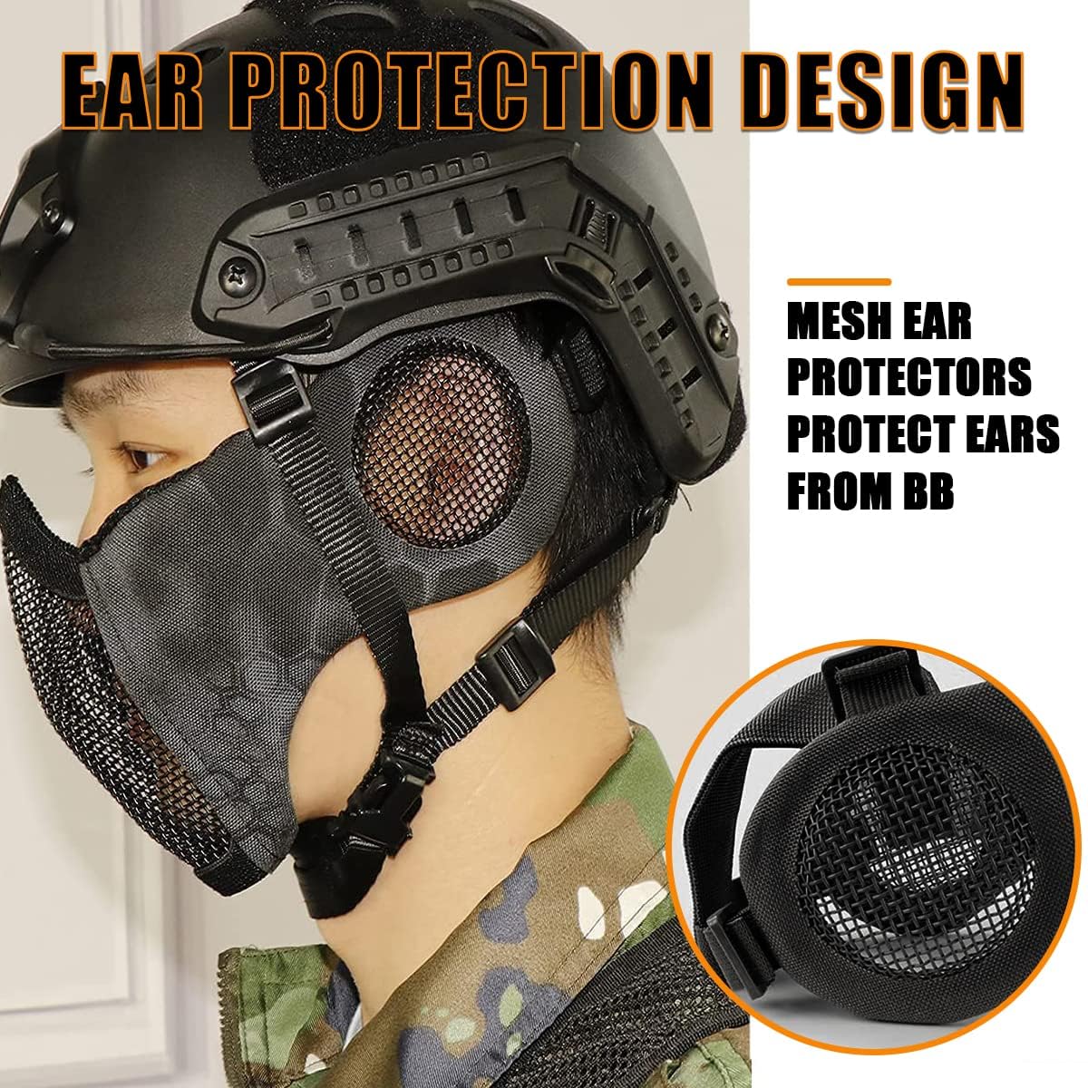 Yzpacc Airsoft Mask with Goggles, Foldable Half Face Airsoft Mesh Mask with Ear Protection for Paintball Shooting CS Game