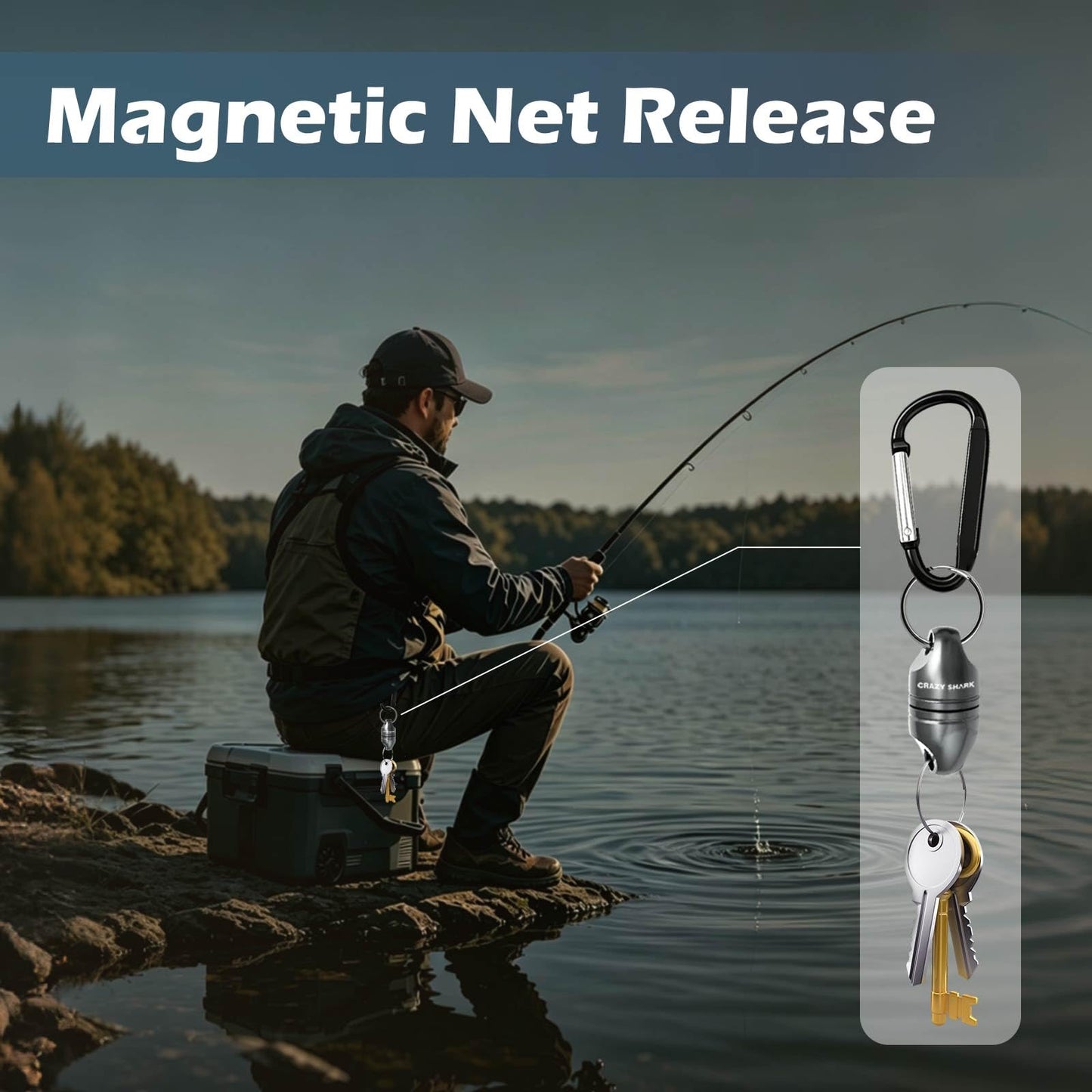 CRAZY SHARK Magnetic Net Release for Fly Fishing, Aluminum Fishing Net Magnet, Fly Fishing Net Holder Retractor with Carabiner Gun Metal