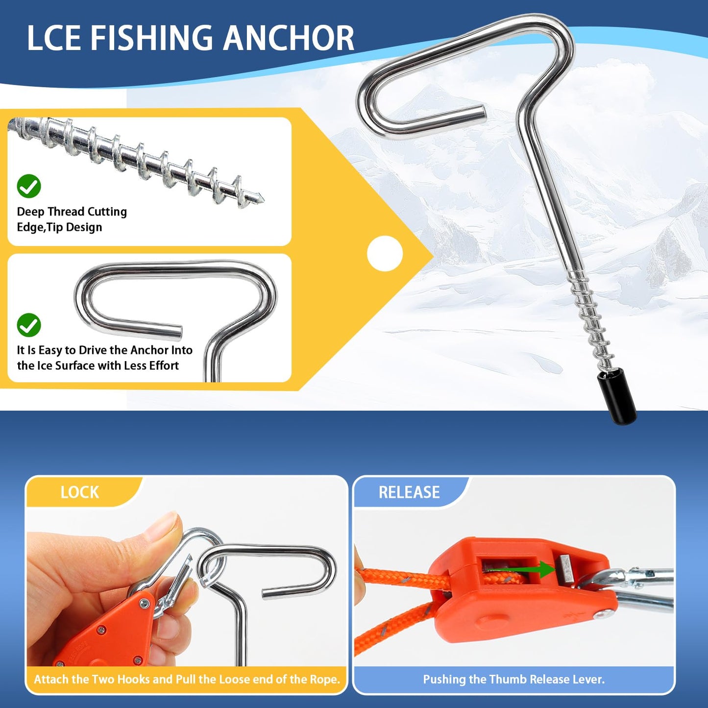 Heavy Duty Ice Anchor Drill Adapter Tool Kit, 19Pcs Stainless Steel Tent Stakes Set with 13FT Ratchet Ropes, Tent Hooks, Canvas Bag for Ice Fishing Shelter Setup (8Pcs Tent Stakes+6Pcs Rope Roller)