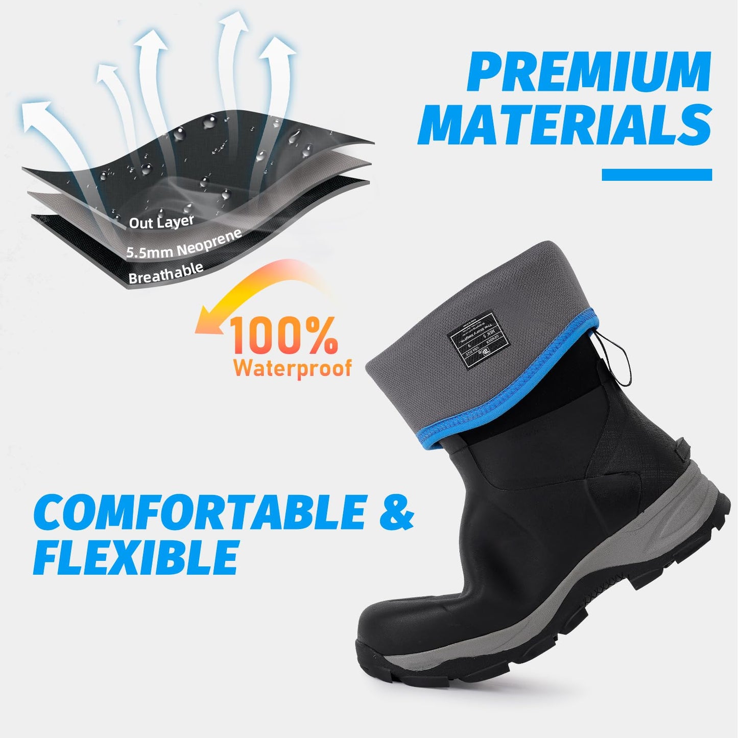 Trudave Rubber Boots for Men with Steel Shank, Waterproof Mid Calf Mens Rain Boots, 5.5mm Neoprene Insulated Mud Work Boots for Garde