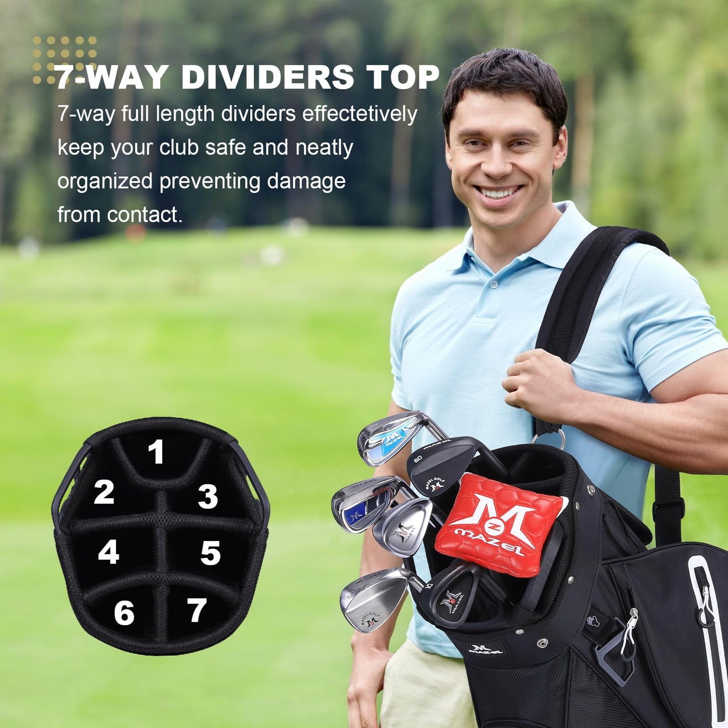 MAZEL Golf Cart Bag with 7-Way Full Length Dividers Top and 9 Pockets,Lightweight Golf Club Bag for Men & Women (Black)