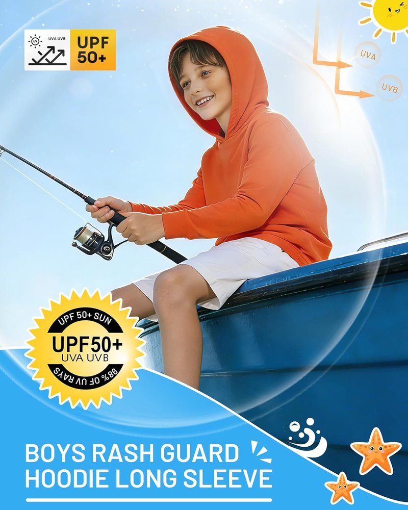 Boys Rash Guard Hoodie - UPF 50+ Long Sleeve Swim Shirt for UV Sun Protection | Perfect for Fishing & Beach Activities