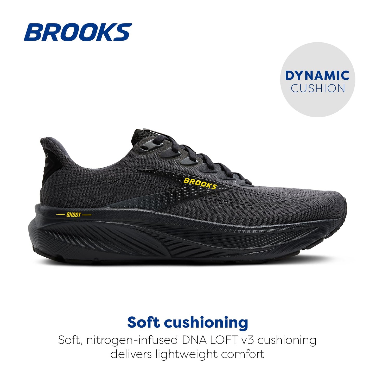Brooks Men’s Ghost 17 Neutral Running Shoe - Ebony/Black/Yellow - 15 Medium