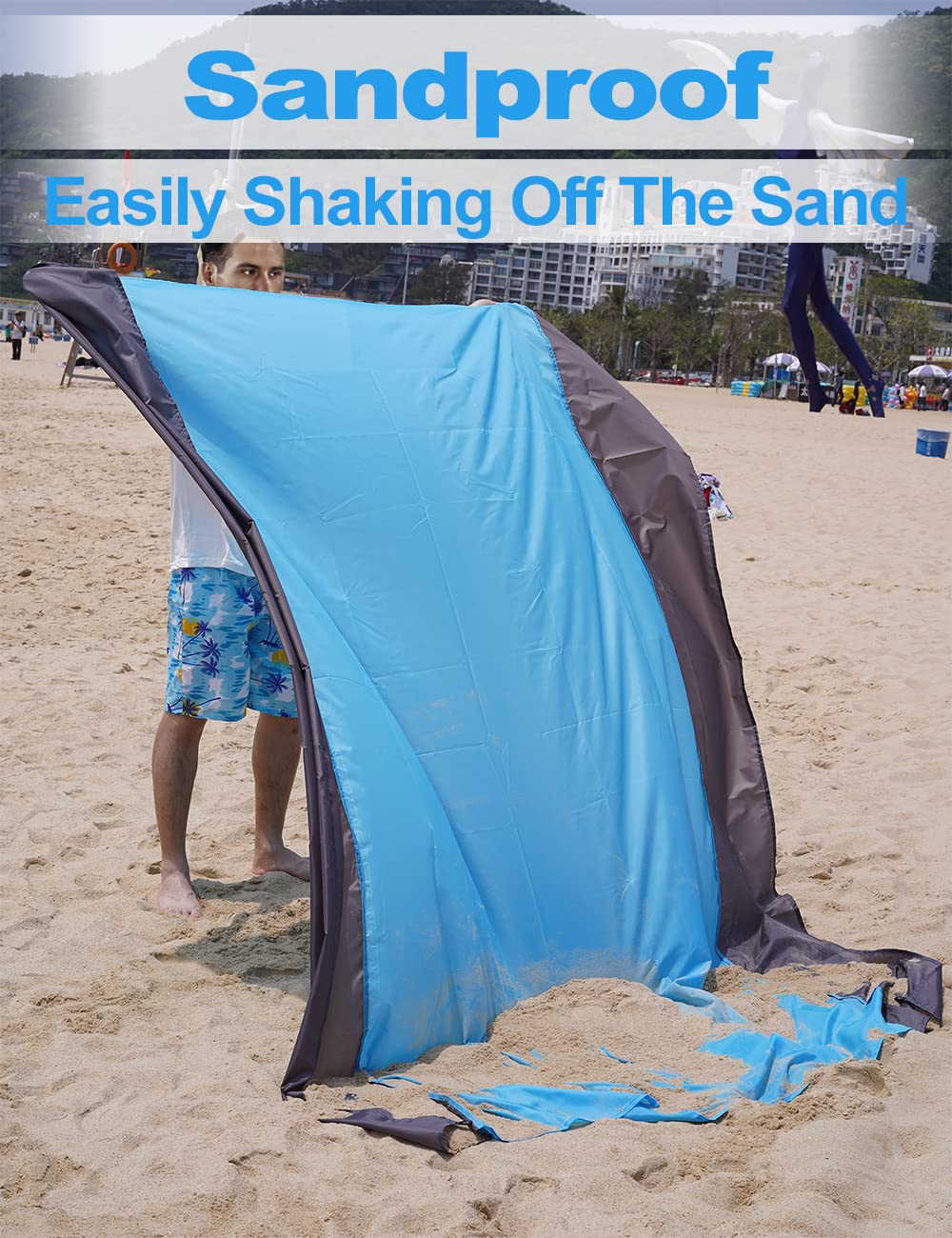 Beesgarden Beach Blanket Waterproof Sandproof, 108''×118'' Oversized Lightweight Blue Beach Mat with 4 Stakes for 7-10 Adults, Summer Essentials Outdoor Large Blanket for Travel Camping Hiking Picnic