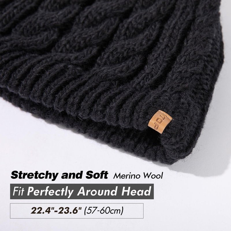 Merino Wool Blend Messy Bun High Ponytail Hole Knit Beanie Hat for Big Large Head Women Warm Winter Cap Fleece Lined Cozy Skull Girls Black