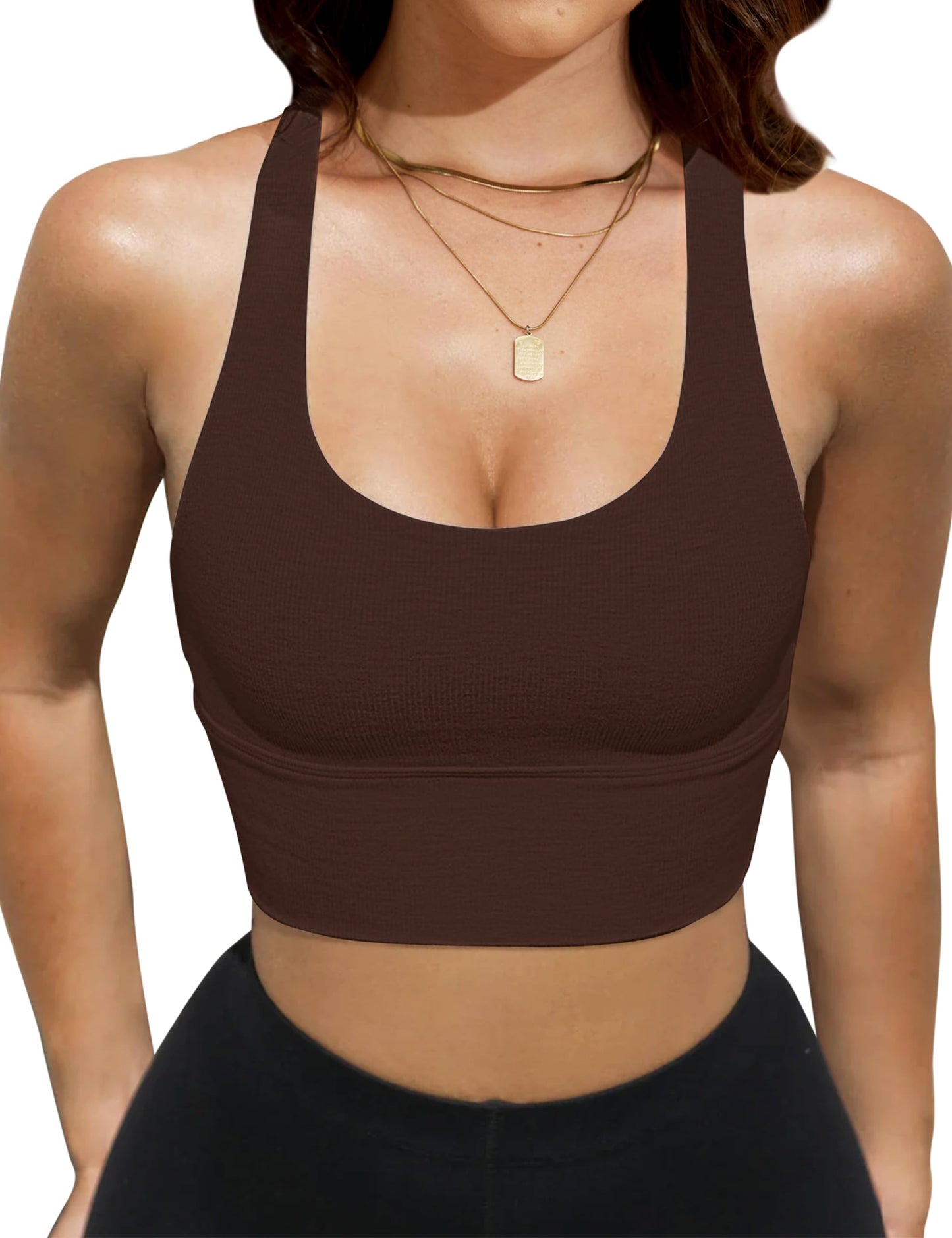 Ymejia Women's Longline Sports Bra Padded Scoop Neck Racerback Athletic Gym Yoga Workout Fitness Crop Tank Dark Brown