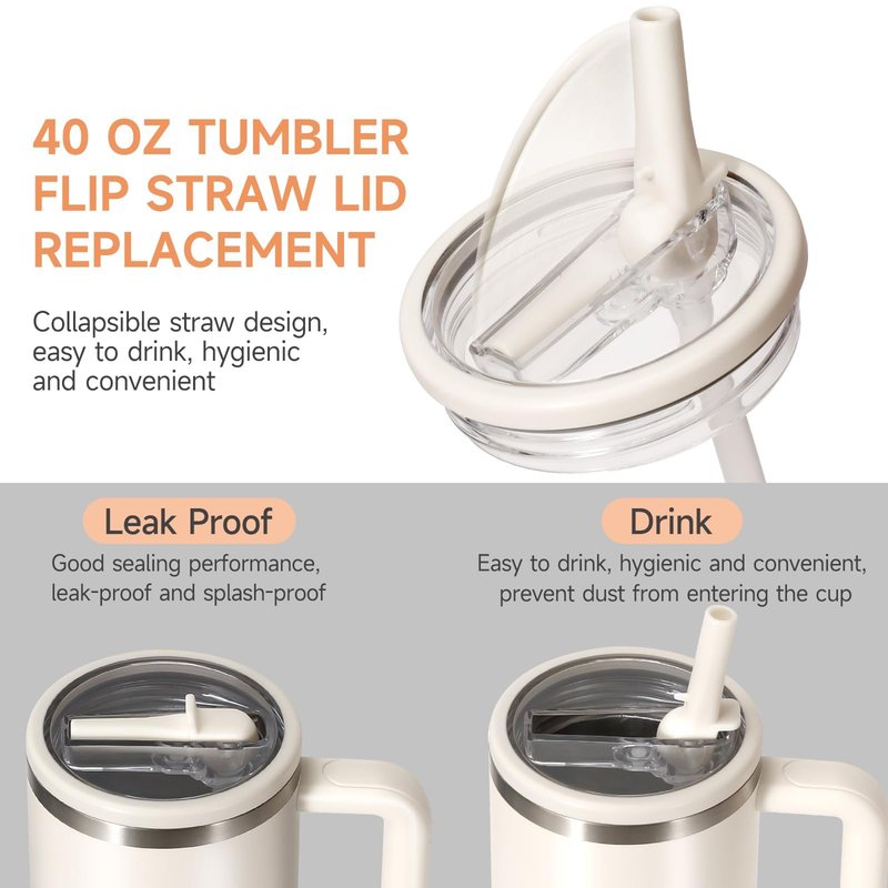Herrycel 40 oz Lid Replacement for Cup Accessories, Tumbler Lid with Flip Straw, Leak Proof Spill Proof Lid for 40 oz Tumblers, Reusable No Spill Cover for Travel(White)