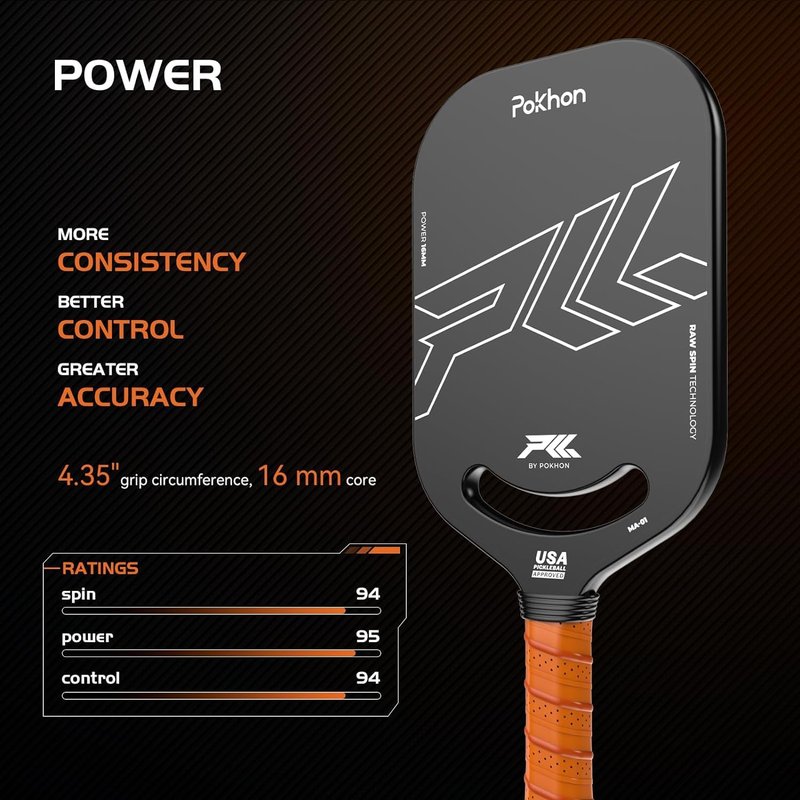 Pokhon Carbon Fiber Pickleball Paddle, Professional Raw Carbon Fiber Pickleball for Power & Control, Polymer Honeycomb Core, USAPA Approved T300 Pickleball Racket
