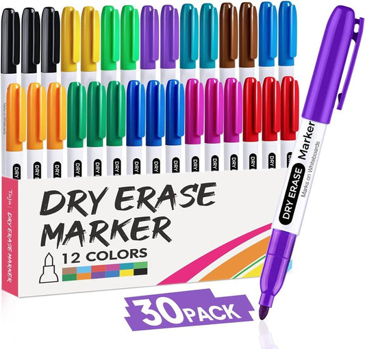 Dry Erase Markers Fine Tip - 30 Pack Assorted Colors | Low Odor Whiteboard Markers for Office Use