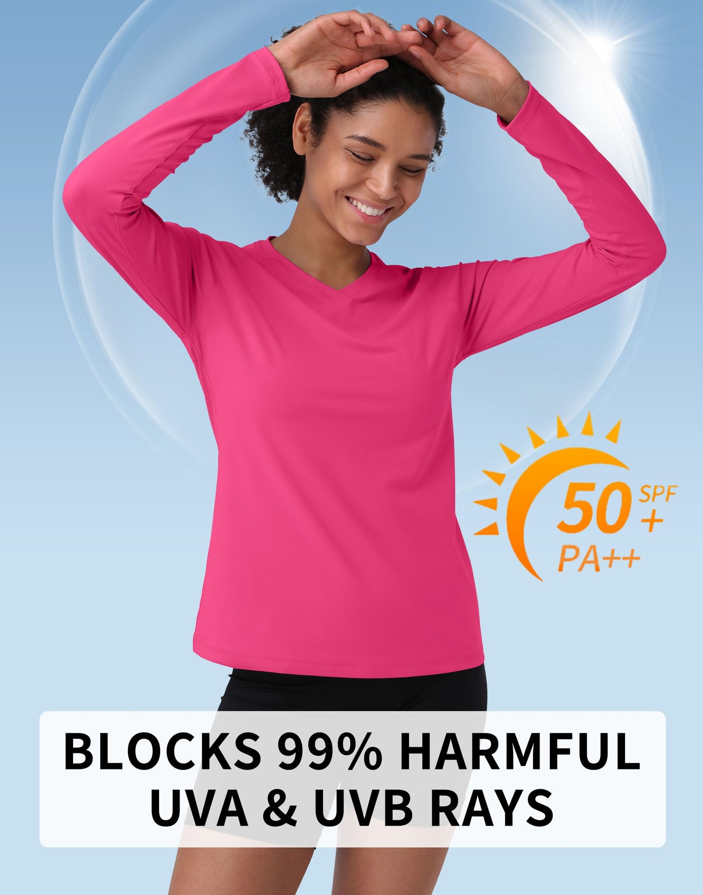 Pioneer Camp Women's UV Sun Protection SPF Shirt V Neck UPF 50+ Long Sleeve Workout Tops Quick Dry Rash Guard Hiking Running Rose Pink