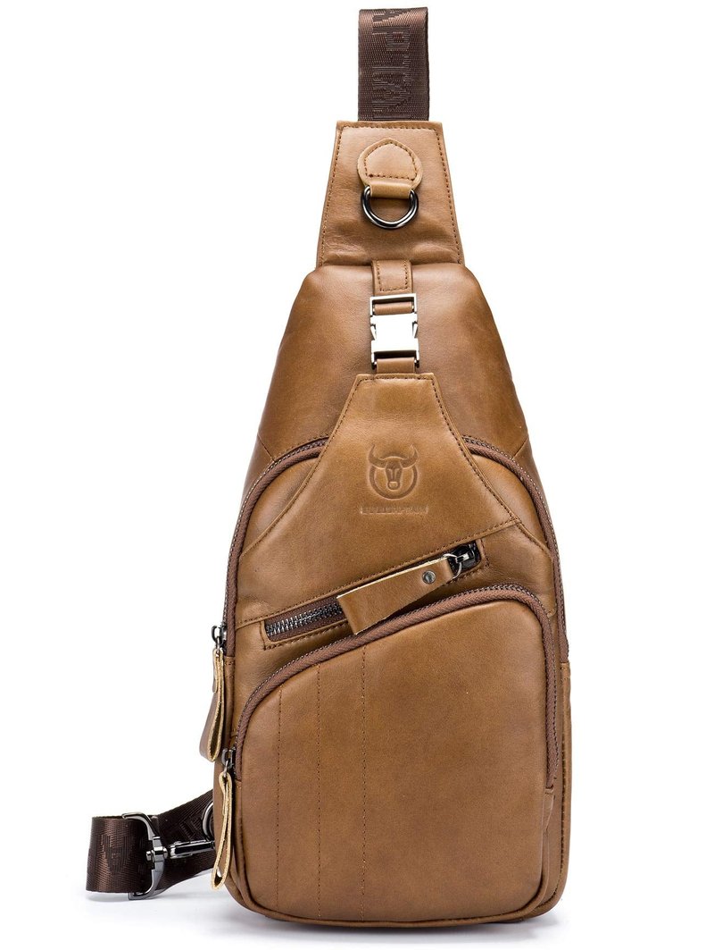 BULLCAPTAIN Leather Men Sling Bag Casual Crossbody Chest Bags Travel Daypack (Yellow brown)